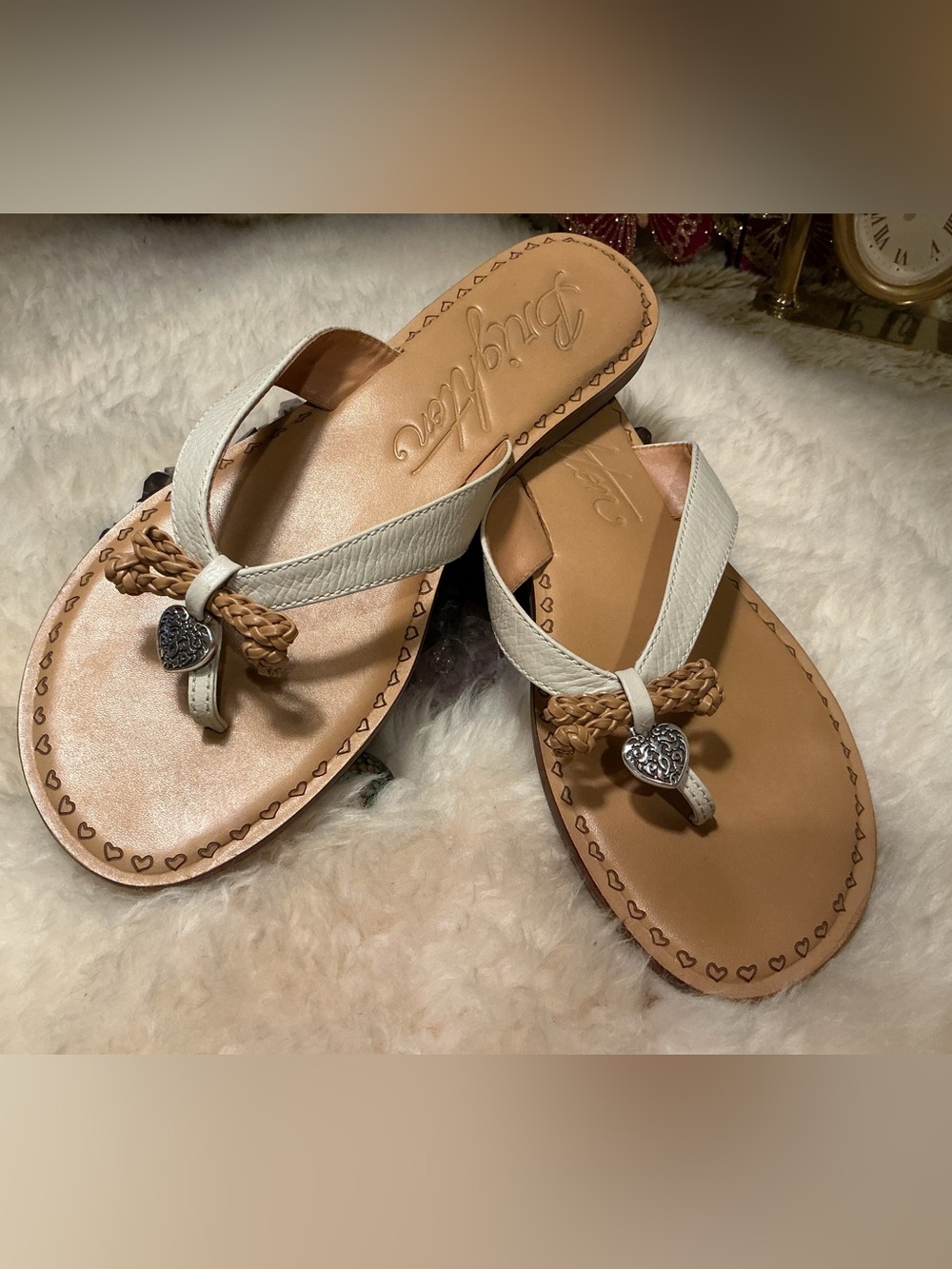Brighton, Aurora cream and 10 leather heart medallion thong sandals size 8.5